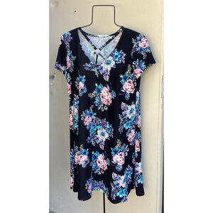Black & teal Floral Dress W/Key ring Chest Cutout By” Pink Rose” Sz Large NEW